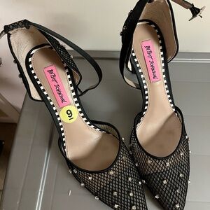 Betsey Johnson Black Nude Mesh Fallon Heels Pumps Jewel Rhinestone Stiletto